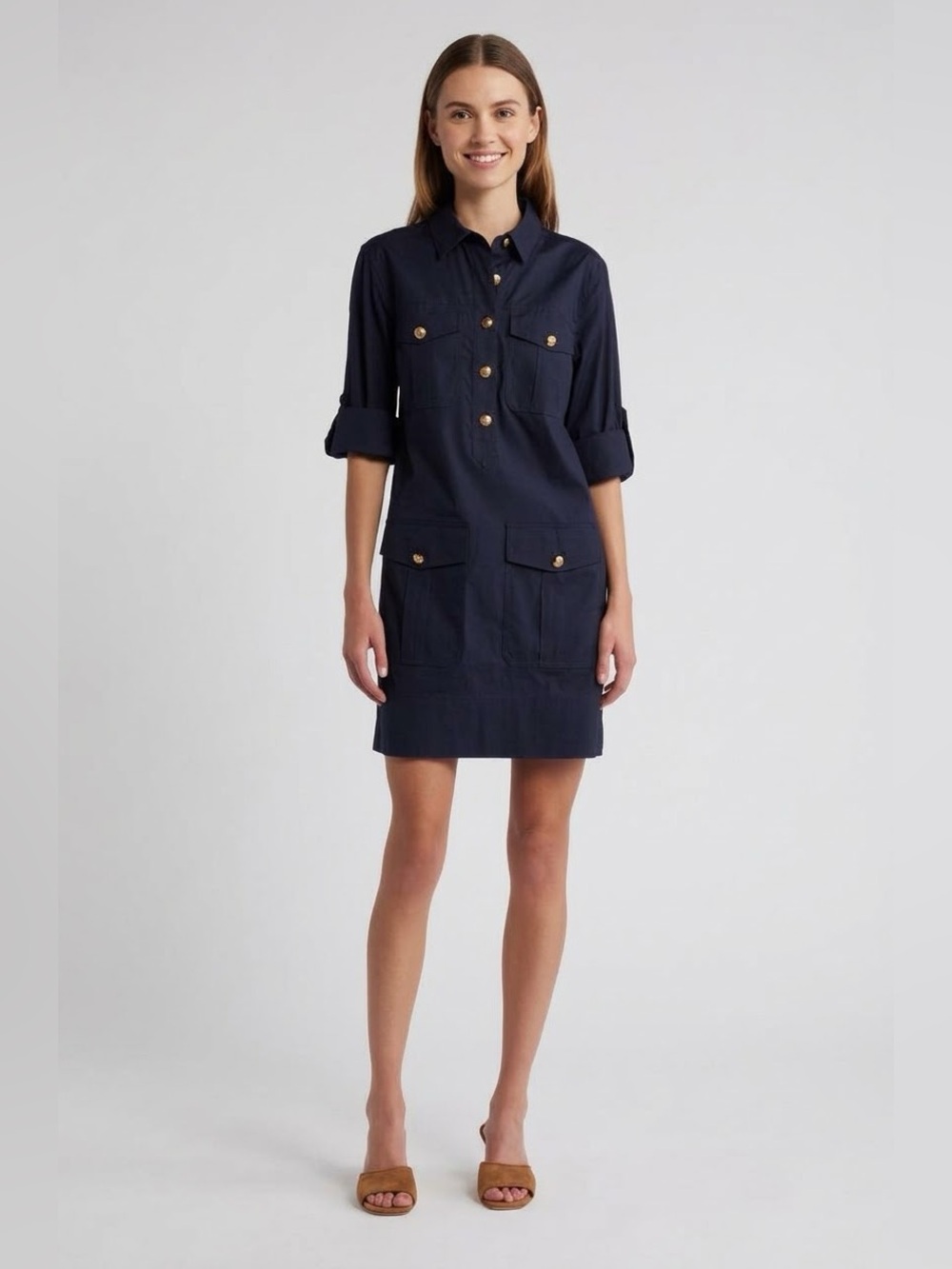 NWT Veronica Beard Saude Long Sleeve Cargo Shirtdress Sz 2 NAVY